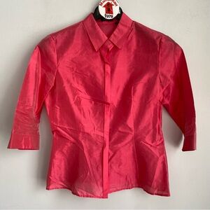 TAHARI Pink Silk Blouse Size 8 Semi Sheer 3/4 Sleeve Collared Button Up Shirt